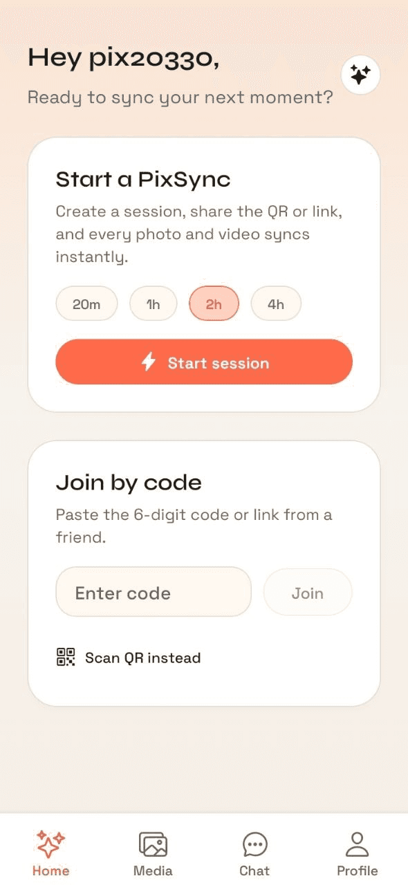 PixSync Session Screen